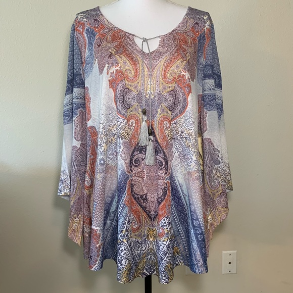 ONE WORLD Tops - One World boho blouse crochet back tassel tie neck